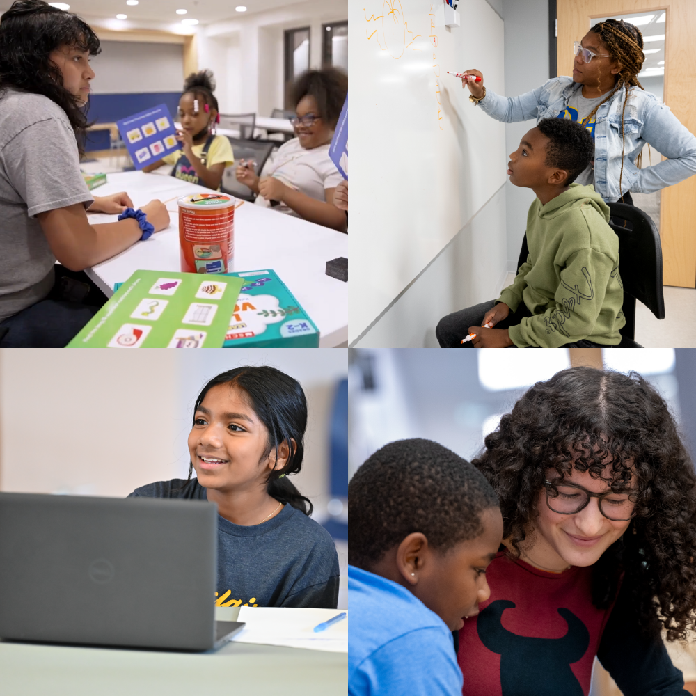 a collage of tutors and elementary school students