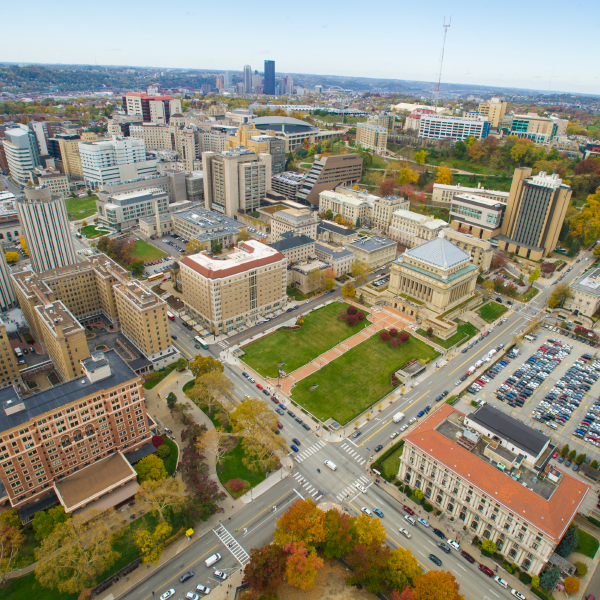 aerial view of oakland in pittsburgh