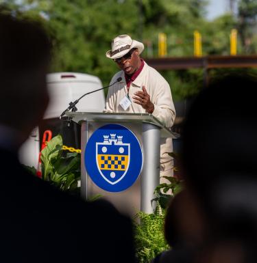 Reverend Michael Murray Sr. of the Hazelwood Greater Community Collaborative speaks at the BioForge “topping off” ceremony on Friday, Sept. 6. 