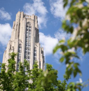 the top of the cathedral of learning with tree limbs in the foreground and a blue sky behind